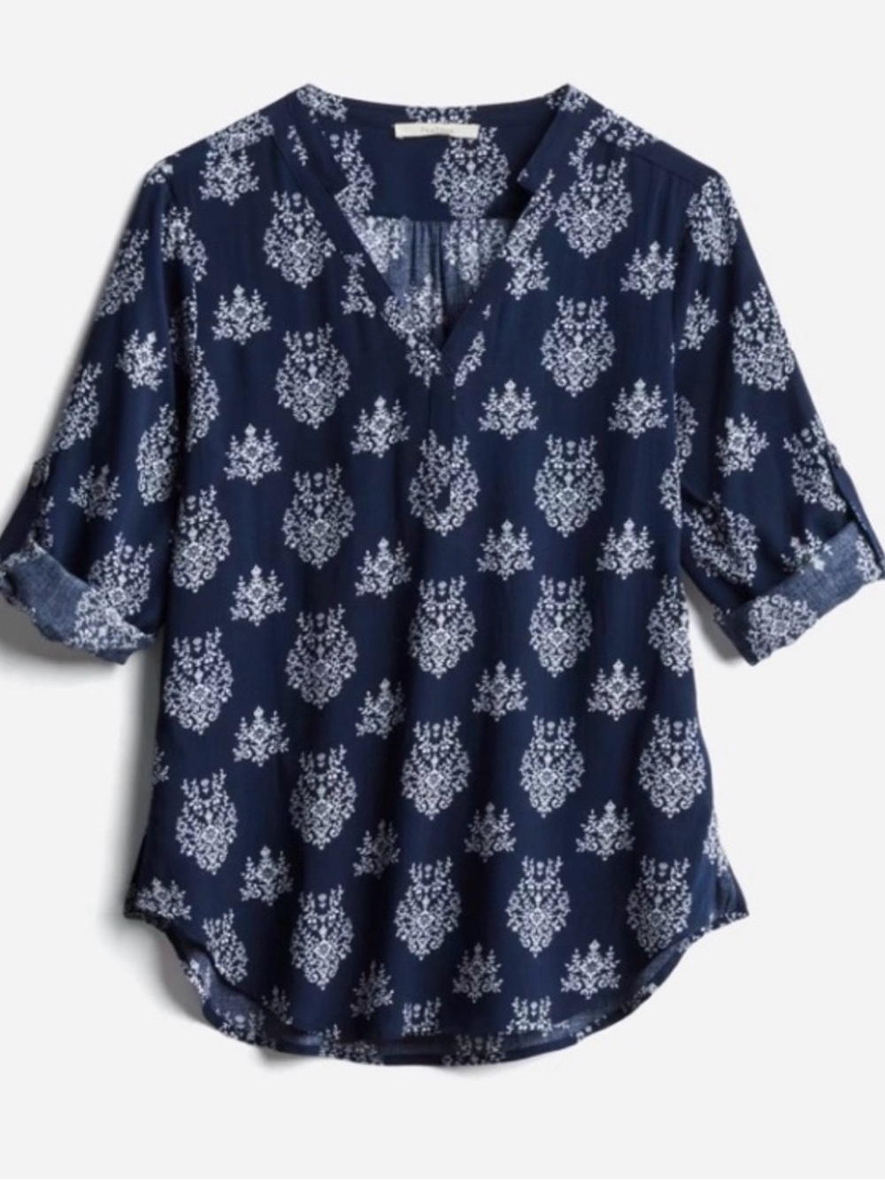fun 2 fun Navy and White Printed V-Neck Roll-Sleeve Blouse